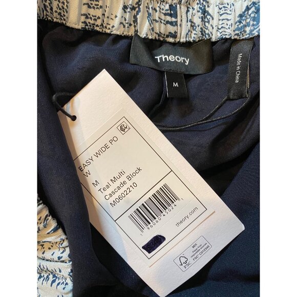 Theory Wide Leg Crop Pant Women's Medium 100% Silk Teal Multi Cascade Lined New - Picture 7 of 7